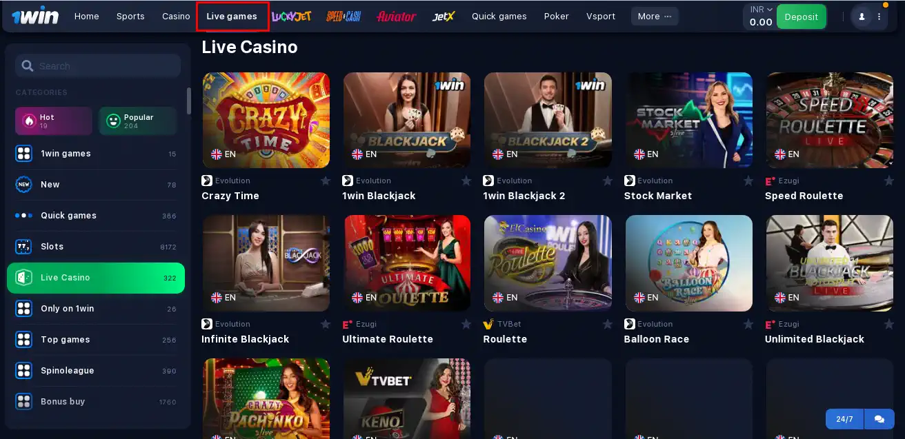 1win live dealer games