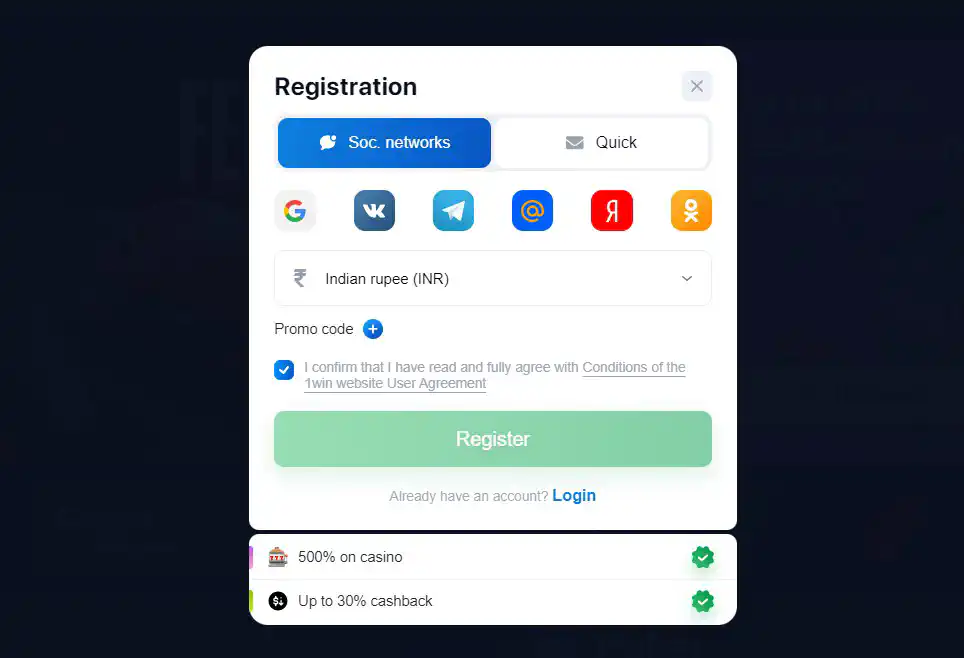 1win Registration by Socials